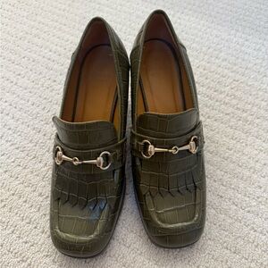 Sezane Olive Loafer Heels with Gold Detailing